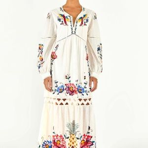 FARM Rio Embroidered Maxi Dress Macaw Cross Stitch